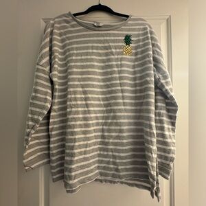Gray and white striped sweater with beaded pineapple